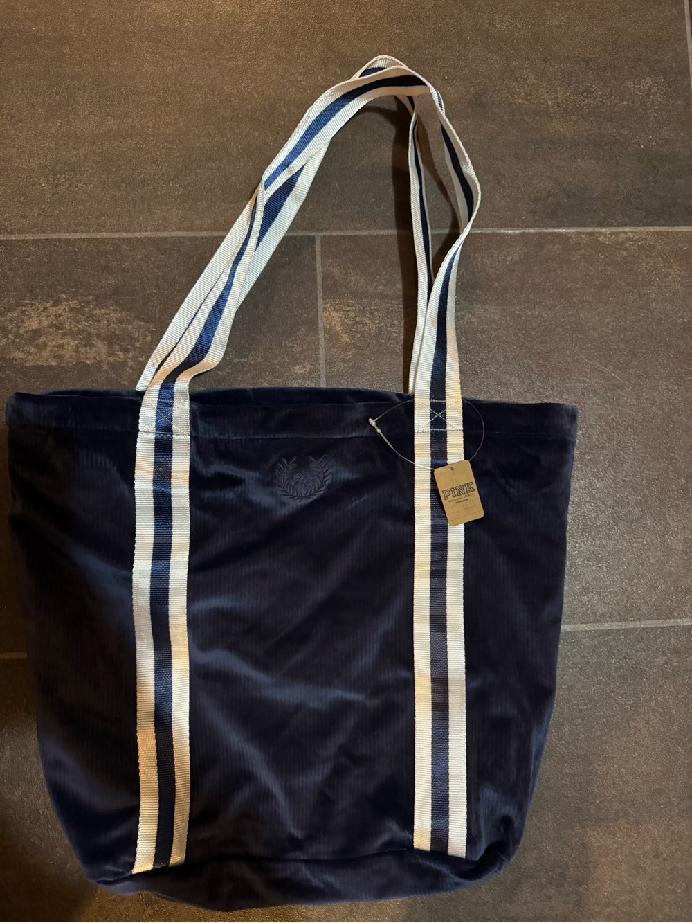 Victoria's Secret PINK Navy Blue Soft Velour Ribbed Shoulder Bag Zip Closure NWT